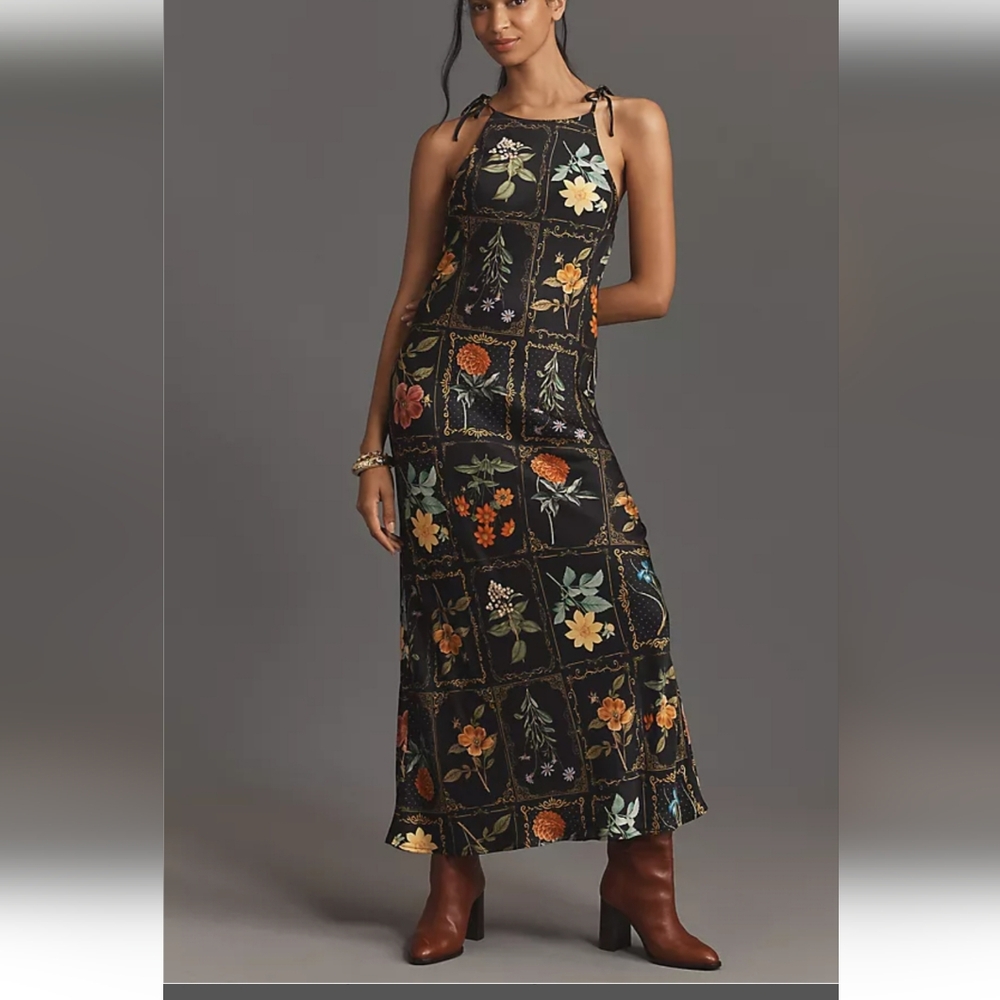 Anthropologie Floral Botanical Black Column Dress XL